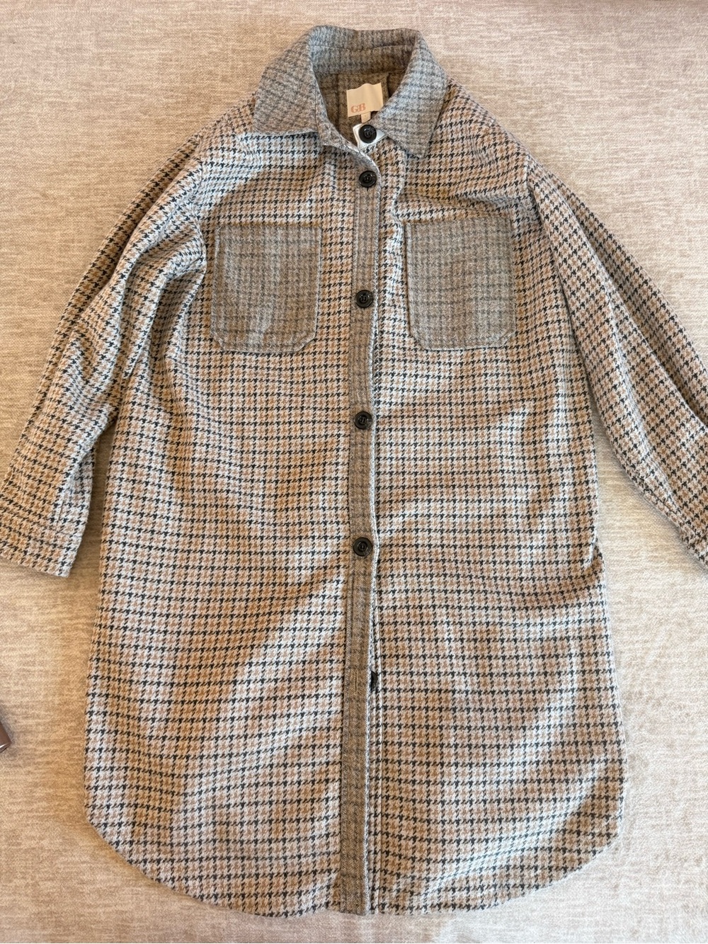 GB Houndstooth Trench Coat in Beige and Black